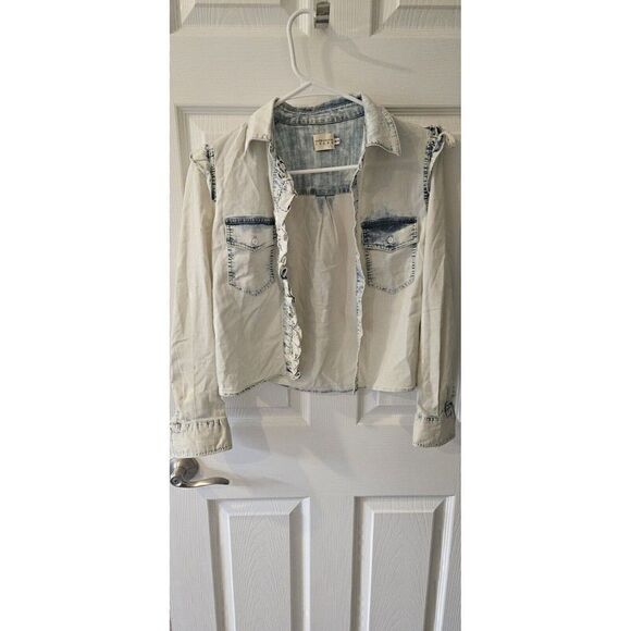Alice + Olivia Womens Hannah White Ruffled Denim Button-Down Top Size XS - Picture 3 of 9